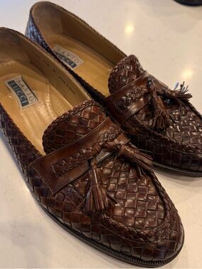 Vintage Brown Woven Leather Tassel Loafers - Men